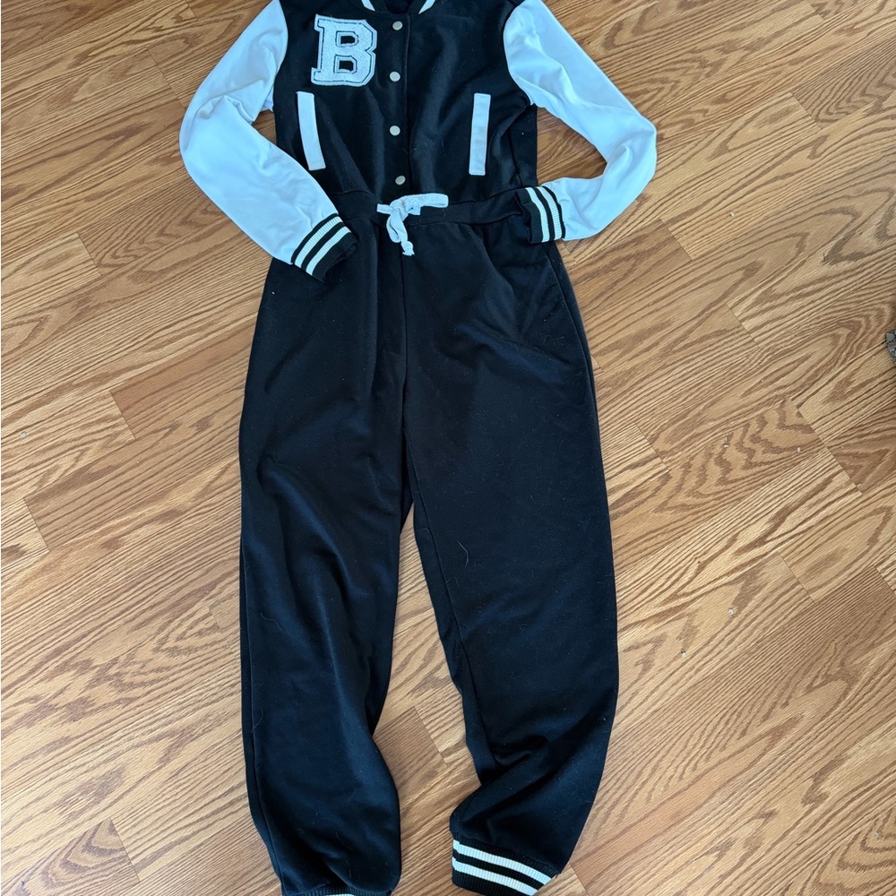 Black & White Varsity-Style Jogger Jumpsuit
